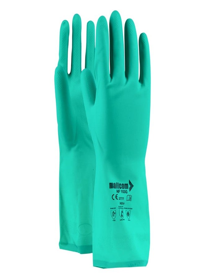 Mallcom Safety Gloves, NF153G Green Nitrile Rubber Cotton Flocklined with Raised Diamond Grip Pattern Safety Gloves for Acid, Alkali and Oil Protection, Household Cleaning, Gardening(Pack of 4) (XL) - Image 1